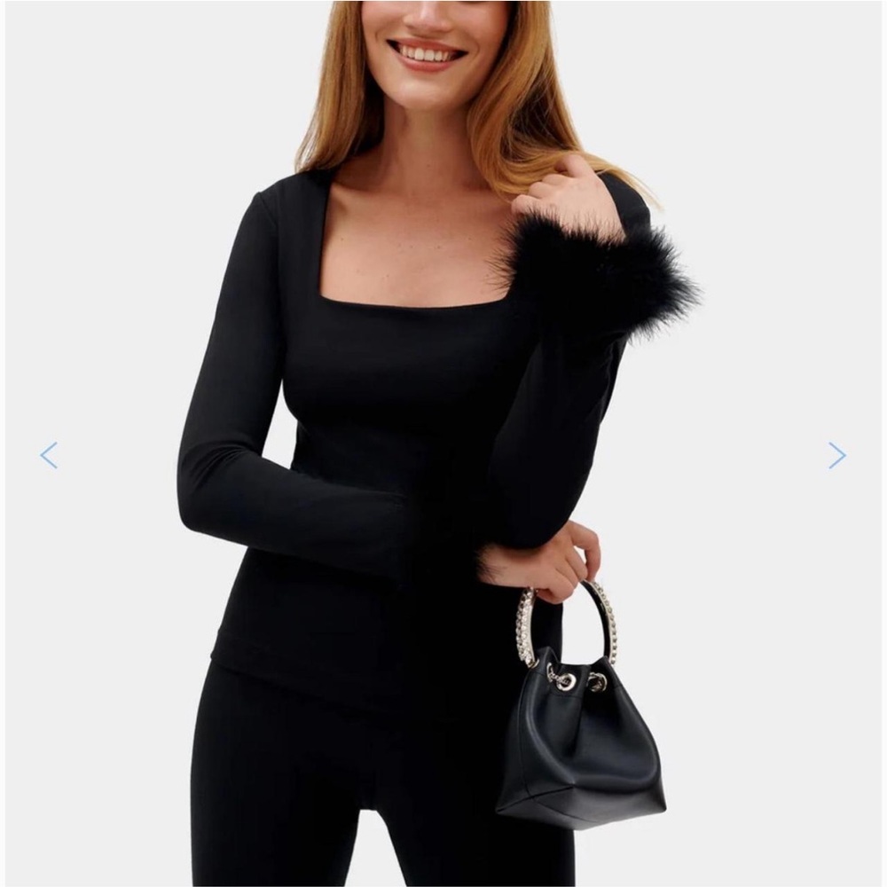 Sleeper Square Neckline Long Sleeve Top with Feather trim
